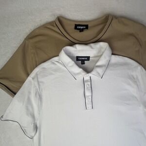 Express Shirt Mens XL White Polo Tan Tee Contrast Trim Stretch Soft Knit Lot 2